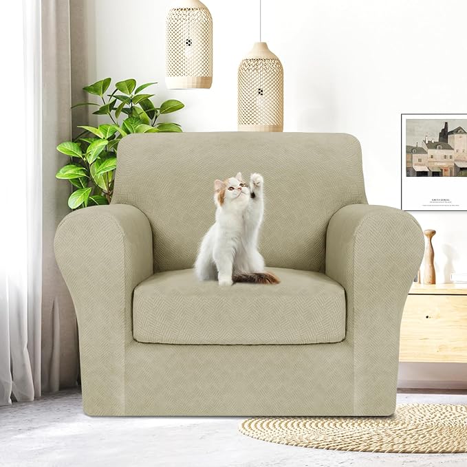 MAXIJIN 2 Piece Chair Covers Chair Slipcover with Arms, Sofa Chair Cover for Living Room Armchair Cover, Stretch Pet Dog Slip Cover for A Chair with 1 Cushion (31"-46", Khaki) - Image 2