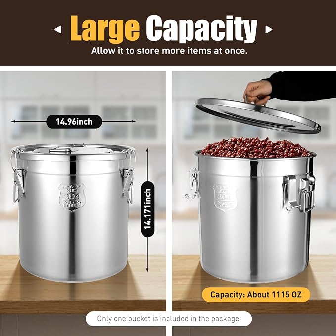 DYNAMI 8.7Gal 304 Stainless Steel Airtight Container with Lid and Locking Clamp,28-60Lbs Metal Bucket Large Food Storage Container Stainless Steel Milk Can,for Rice, Flour,Oil,Soup(33L) - Image 7