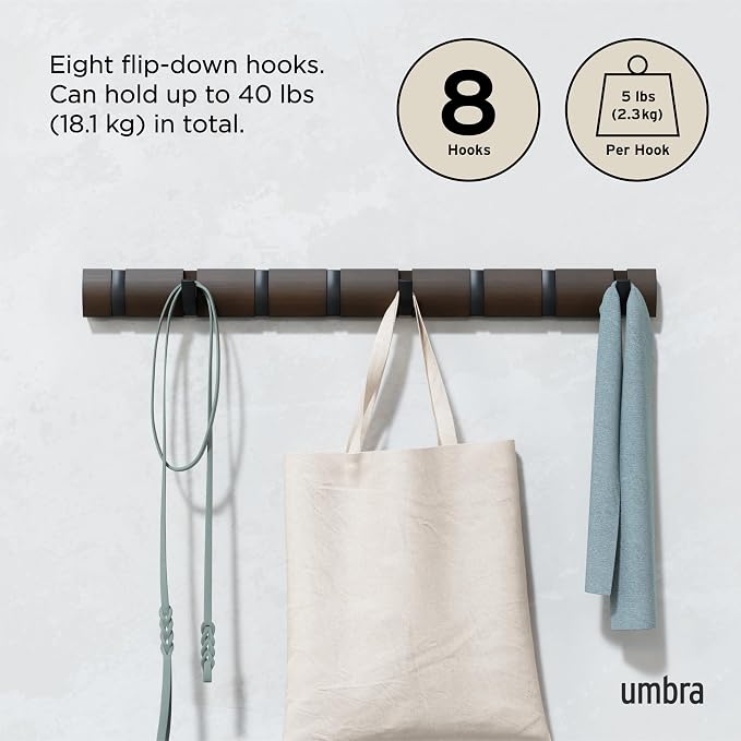 Umbra Flip Coat Rack, Wall Mount 8-Hook, Space Saving, Walnut/Black | Real wood and steel build, retractable hooks fold flat, holds coats bags and scarves, easy install - Image 5