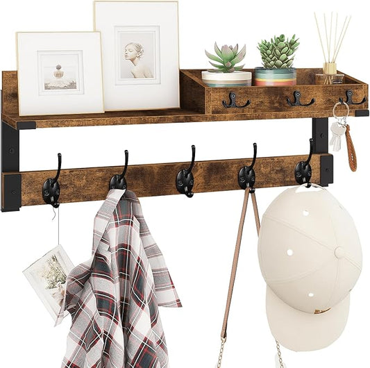 Homode Coat Rack with Shelf, Wall Shelf with Hooks, Rustic Brown Black | 26 Inch Long Coat Hanger Wall Mount with Key and Mail Holder, Wood Entryway Shelves for Hanging Hat Jacket Backpack Purse by Homode