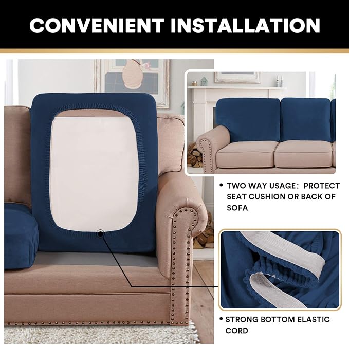 PrinceDeco Stretch Velvet Couch Cushion Cover,Soft Fitted Cushion Slipcover for Arm Chair Sofa Cushion Furniture Protector Seat Cushion Sofa Cover Width Up to 29.5", Navy - Image 5
