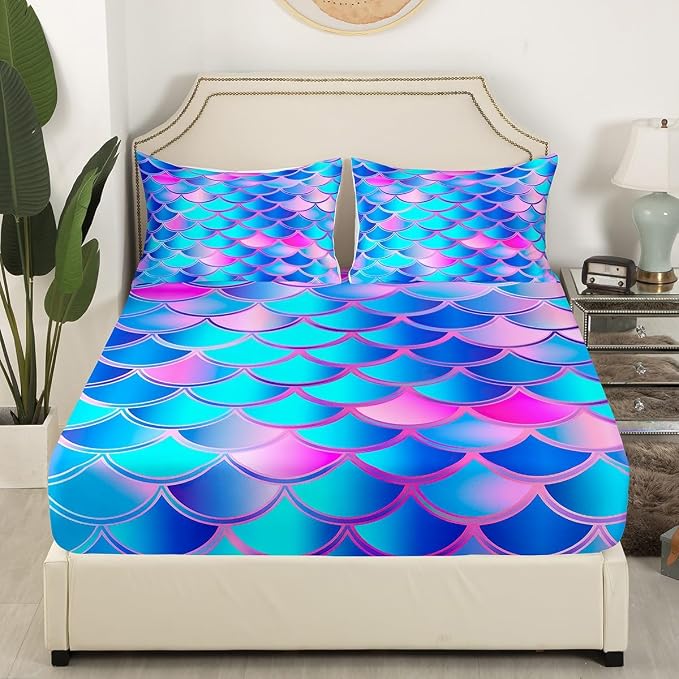 Mermaid Scale Bed Sheet Set Fish Scales Bedding Sea Underwater World Sheet Set for Kids Girls Ocean Marine Theme Fanstry Bedroom Decor Dreamy Bedding Set,Fitted Sheet & Flat Sheet & 2 Pillowcase,Full - Image 3