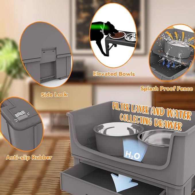 Elevated Dog Bowl Stand Set,Quiet Eating Mess Proof Raised Dog Bowls 2 Stainless Steel Pet Food Bowls,Splash Water Collection Non-Slip Medium Sized Feeding Table - Image 3