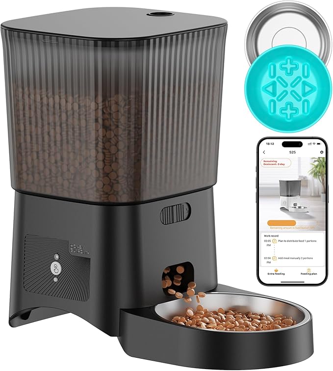 HoneyGuaridan Automatic Cat Feeder, 5G WiFi Cat Food Dispenser with App Control, Timed Feeder with Stainless Steel Bowl and Slow Bowl, Desiccant Bag by HoneyGuaridan