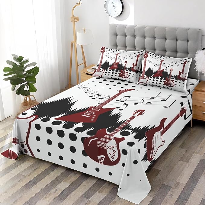 WeCozy Full Size Bed Sheet Sets with Pillowcases, Guitar Rock Music 4 Pcs Soft Microfiber Bedding for Kids and Adults, Musical Play Flat, Fitted Sheet for Bedroom Bed Decor - Image 4