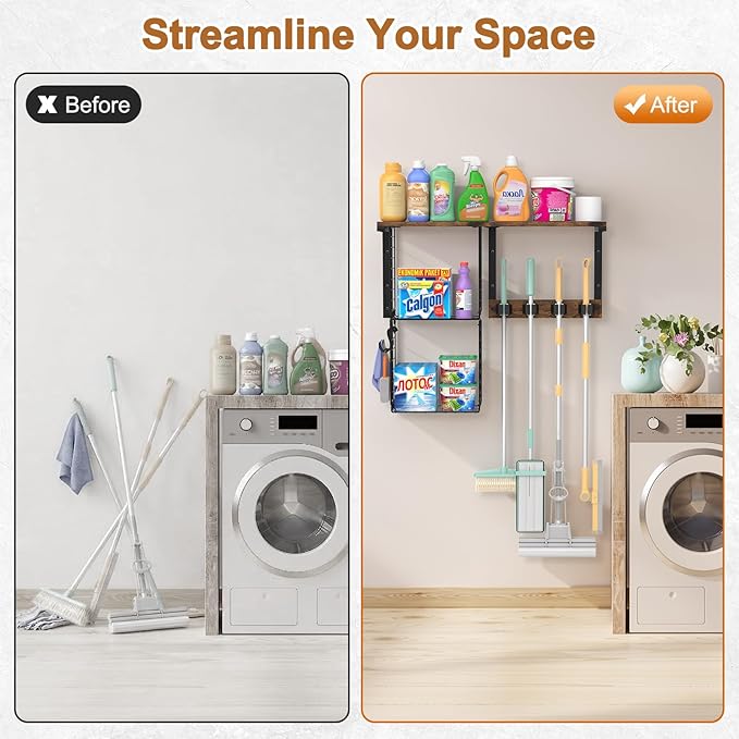 Housolution Wall Mount Broom Holder Laundry Room Storage Organizer Shelves | Thickened Metal Frame, 100 LBS High Load-Bearing, Large Capacity, Multifunctional with 2 Baskets, 4 Grippers & Hooks - Image 5