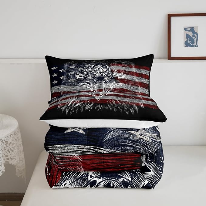 Homewish American Flag Comforter Set King Size, Eagle Bird Animal Print Stars Stripes USA Flag Bedding Comforters for Children Adult, American Culture Breathable Bedding Set, 2 Pillowcases, Bedspread - Image 9