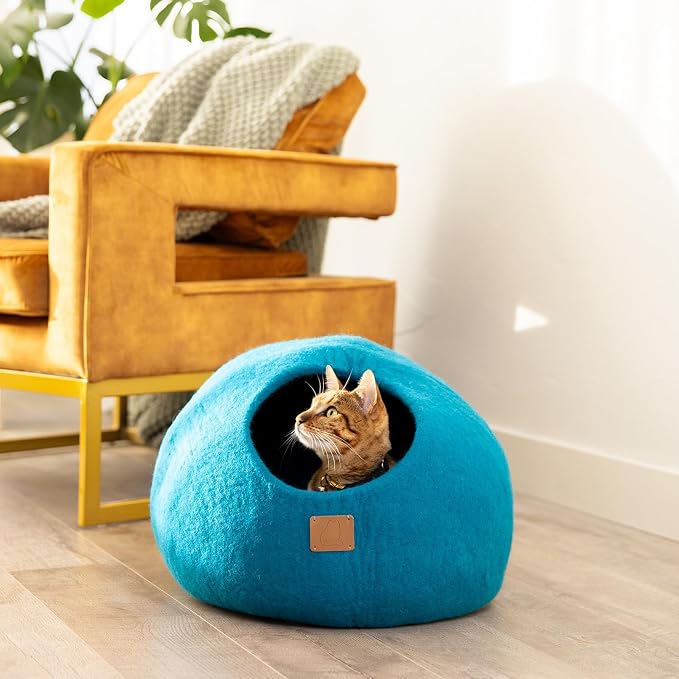 Best Aesthetic Cat Bed - Premium Felted Wool Cat Cave Bed - Cozy Peekaboo Round Cave for Large or Small Cats (Small, Ocean Blue) - Image 2