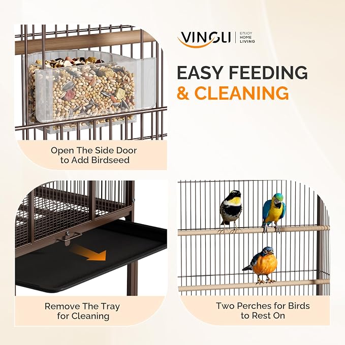 VINGLI 53-inch Bird Cage with Wheels, Durable Wrought Iron Parakeet Cage with Slide Out Tray, Black Bird Cages for Parakeets/Lovebird/Cockatiels/Budgies and Other Small/Medium Birds (Brown, 53 inch) - Image 3