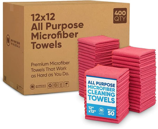 Bulk 12” X 12” All Purpose Microfiber Towels Wholesale - Case Quantity (400 Count) | No Fraying | High Density Microfiber | Zero Chemical Cleaner | Long-Lasting (Red) by MicrofiberWholesale