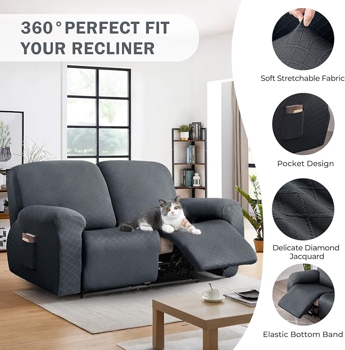 vctops Diamond Recliner Loveseat Slipcover 6-Pieces Stretch Dual Recliner Sofa Covers for 2 Seat Dual Reclining Loveseat Couch Soft Solid Furniture Protector (Grey,2 Seat) - Image 4