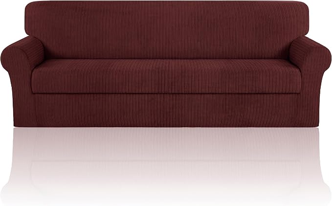 Oversized Sofa Cover Stretching Skid Resistance Couch Cover for Pets Washable, Thick and Durable Soft High Spandex Striped Pattern Sofa Covers (Oversized Sofa, Burgundy) by ChengEase