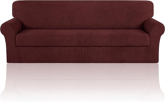 Oversized Sofa Cover Stretching Skid Resistance Couch Cover for Pets Washable, Thick and Durable Soft High Spandex Striped Pattern Sofa Covers (Oversized Sofa, Burgundy) by ChengEase