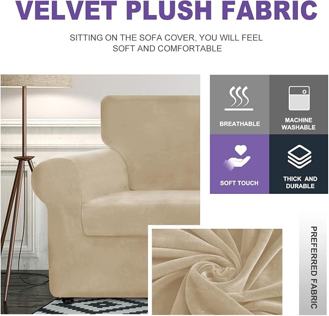 ZNSAYOTX Oversized Velvet Couch Cover 4 Piece (92"-115") Stretch Sofa Covers for 3 Cushion Couch Thick Soft XL-Slipcover with Non Slip Strap, Dog Pet Friendly Nice Furniture Protector (Camel) - Image 3