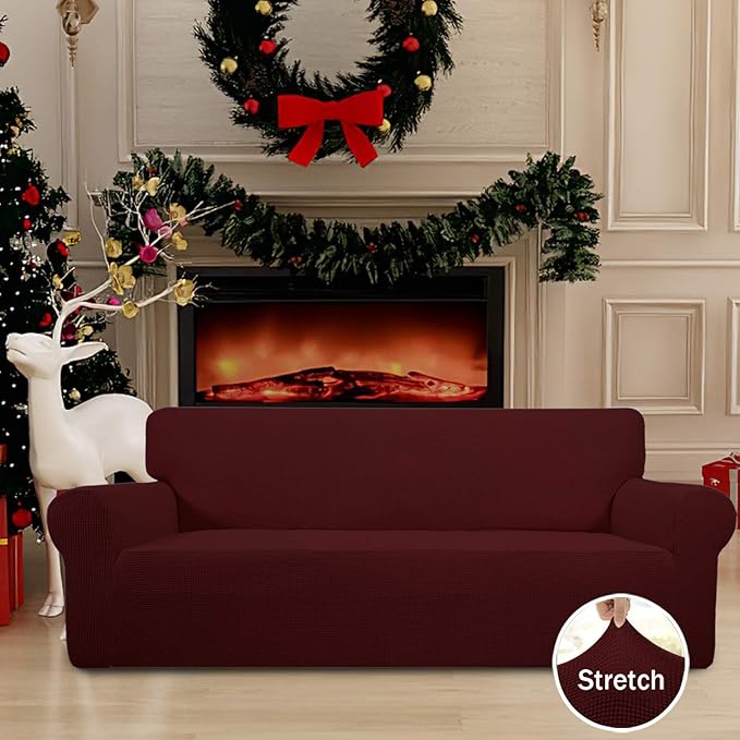 Easy-Going Stretch Couch Covers for Sofa Washable Large Wine | 1-Piece Sofa Covers for 3 Cushion Couch Furniture Protector Couch Slipcover Soft with Bottom for Kids Pets - Image 2