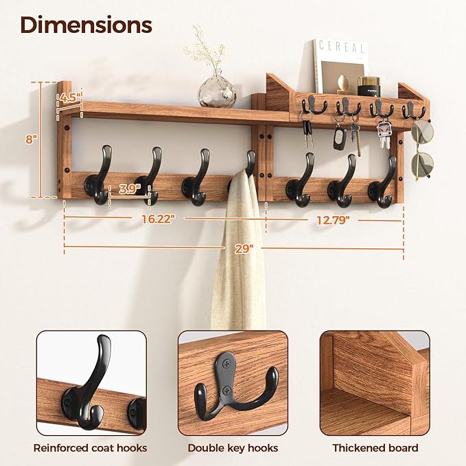Evermagin 29" Coat Rack Wall Mount with Shelf & 11 Hooks, Entryway, Brown | 4-in-1: coat hooks, key hanger, mail holder & display shelf. Pine wood. For bedroom, hallway, mudroom, livingroom. - Image 2