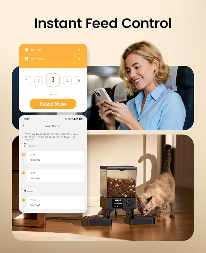 oneisall Automatic Cat Feeder with 5G WiFi, Automatic Cat Food Dispenser for 2 Cats Small Pets, 20 Cups/5L Timed Dry Food Dispenser with App Control - Image 2