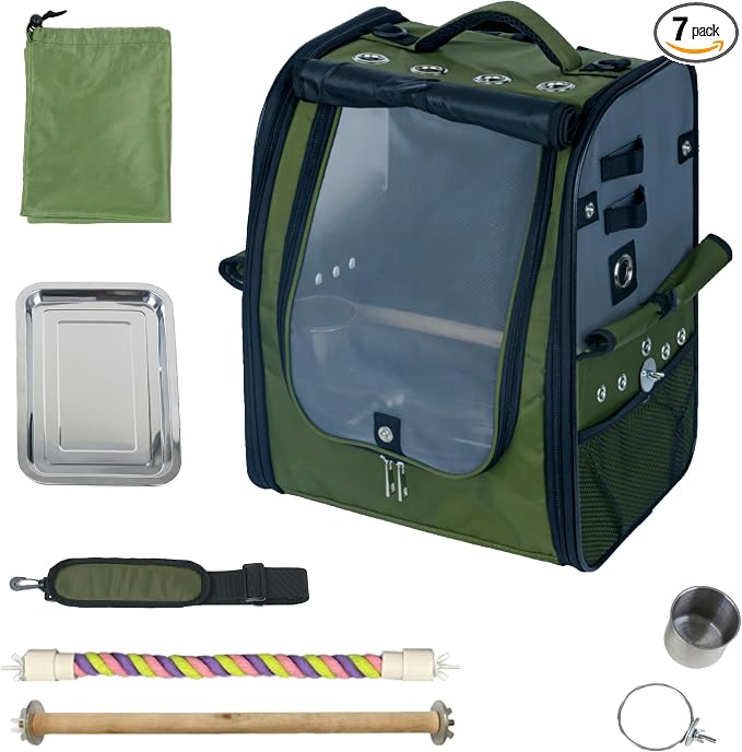 Birds Day Bird Carrier Backpack - Breathable Mesh Portable Parrot Travel Cage with 2PCS Perch, Food Bowl, and Stainless Steel Tray (Dark Olive Green) by BirdsDay
