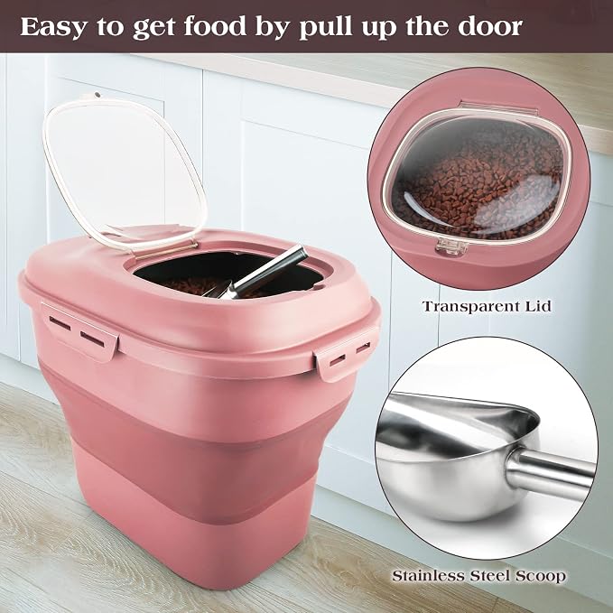 TIOVERY Dog Food Storage Container, Airtight Collapsible 13lb to 30lb Pet Food Container with Flip Top, Rolling Wheel, Scoop and a small container for Dog Cat Food and Dry Food of Rice, Flour - Image 3