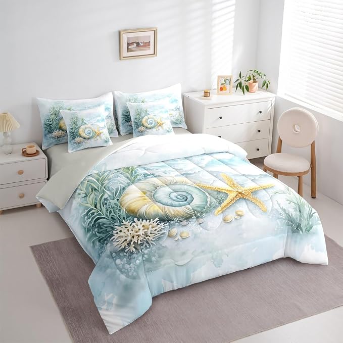 Erosebridal Shell Coral Starfish 7-Piece Bedding Set for Kids, Blue Ocean Coastal Theme King Comforter Set with Sheets, Summer Beach Nautical Bed in A Bag, Sea Waves Ocean Life Bed Sets - Image 2