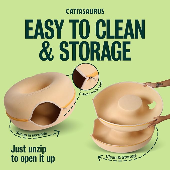 Cattasaurus Peekaboo Cat Cave Donut for Multiple & Large Cats up to 30-45 lbs, 3-in-1 Self Warming Cat Bed, Tunnel & Scratcher for Indoor Cats, Washable & Detachable Dog Bed (Pastel Macaron, Large) - Image 7