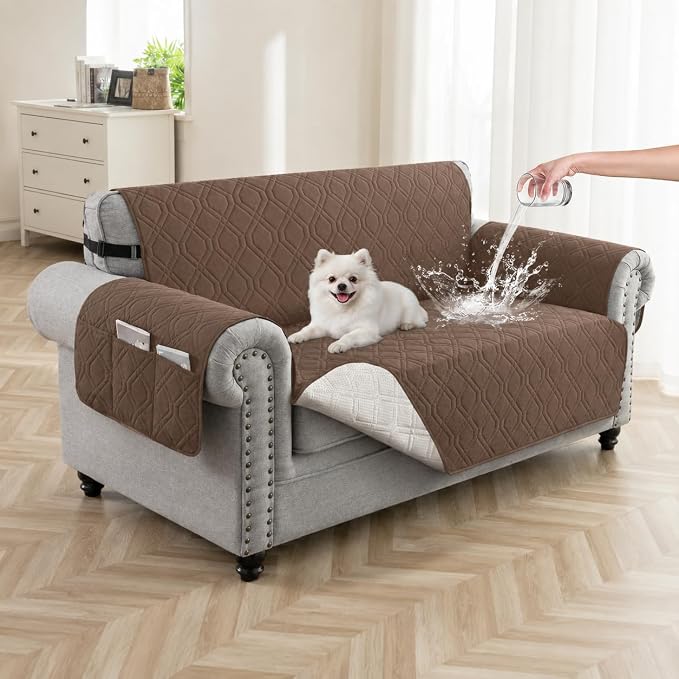 100% Waterproof Quilted Couch Cover,Straps&Pockets,46" Darkbrown | Washable sofa cover, pet-friendly, scratch-resistant furniture protector, quilted sofa cover, reversible, non-slip backing. by Unknown