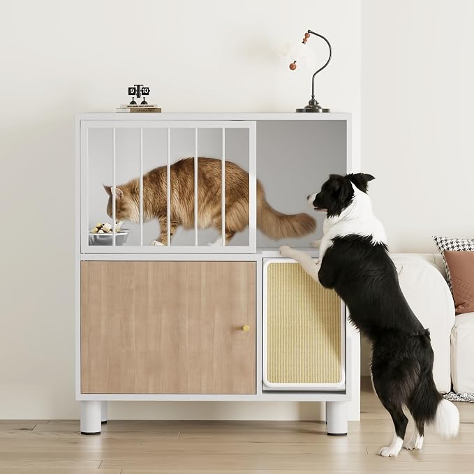 Metal Cat Feeding Station, Dog Proof Cat Feeding Station, Pet Food Storage | Cat Food Table, Raised Bowls for Indoor Cats, Elevated Food Bowls with Stand, Cat House with Scratching Board, Metal White - Image 7