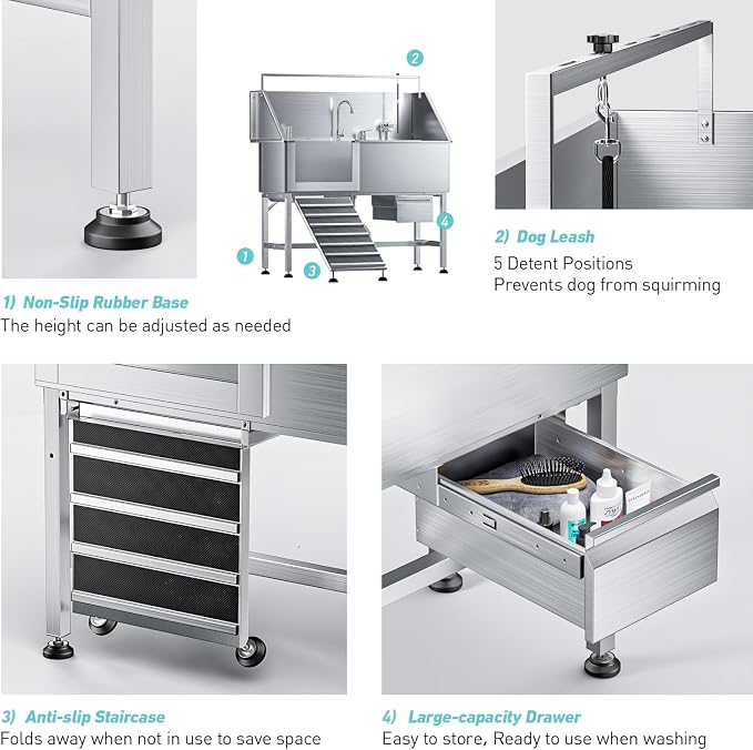 56 Inch Dog Washing Station, 304 Stainless Steel Pet Grooming Tub for Large Dogs with Ramp, Adjustable Grate, Faucet, Drainage Kit, Storage Drawer for Home, Salon, Garage | Helps Bathe Medium and Large Dogs with Less Lifting and Bending - Image 3