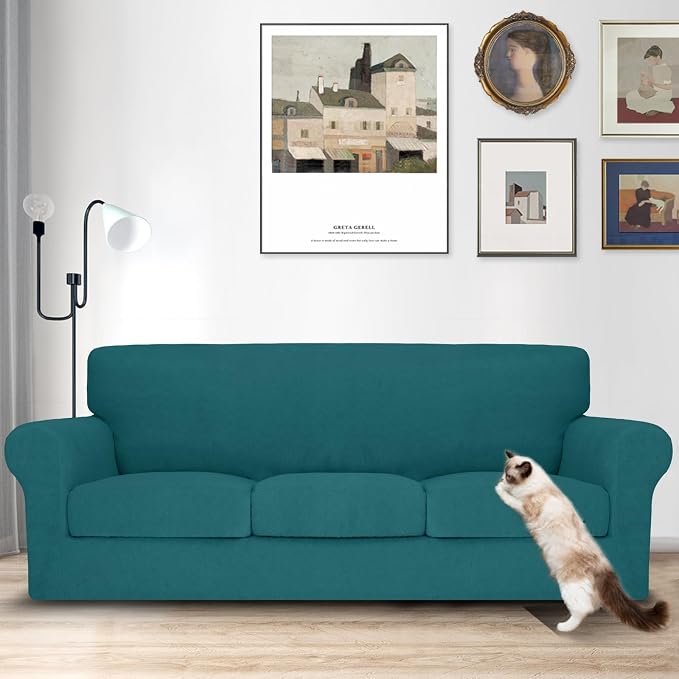 MAXIJIN 4 Piece Couch Covers for 3 Cushion Couch Sofa Covers, Stretch Couch Slipcovers for Sofas with 3 Cushions, Thick 3 Seat Furniture Protector for Dogs Pet (71"-91", Teal) - Image 3