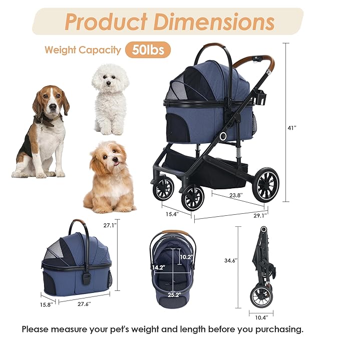 Pet Stroller with 4 Wheels, 3 in 1 Folding Puppy Strollers for Small/Medium Dogs Cats up to 50lbs, Lightweight Pet Travel Carrier with Detachable Cushion, Storage Basket and Cup Holder, Blue