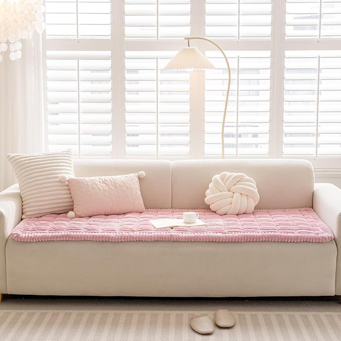 vctops Striped Couch Cover Super Soft Corduroy Sectional Sofa Cover Washable Non Slip Sofa Slipcover Furniture Protector for Kid Dog Pet,1 Piece (Pink,27"x70") - Image 3
