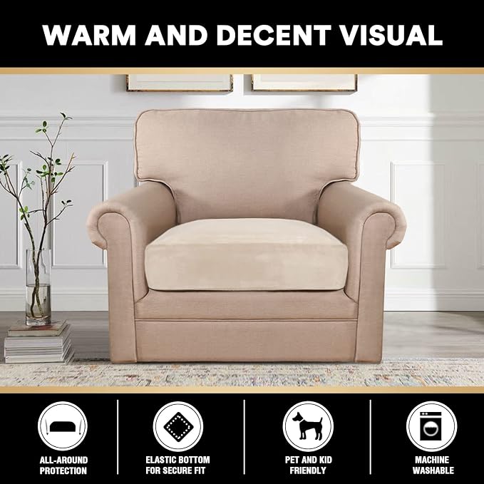 PrinceDeco Stretch Velvet Couch Cushion Cover,Soft Fitted Cushion Slipcover for Chair Cushion Furniture Protector Seat Cushion Sofa Cover Width Up to 29.5", Ivory - Image 3