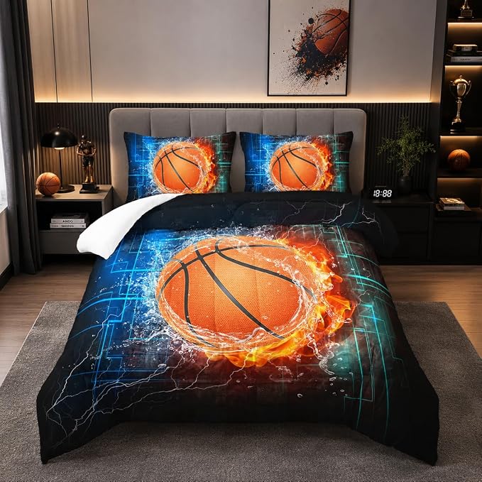 Nttopship Basketball Comforter Set - Full Size, 3 Piece Sport Themed Bedding - 3D Sport Basketball Microfiber Bedding Set for Boys Kids (1 Comforter and 2 Pillowcases) by Nttopship