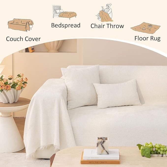 Luxury White Soft Thick Slub Chenille Couch Cover Large 71x118 in | for All Shape Sofa Couch, Slub Furniture Protector Machine Washable, White Sofa Slipcover for Dogs Pets Kids - Image 5