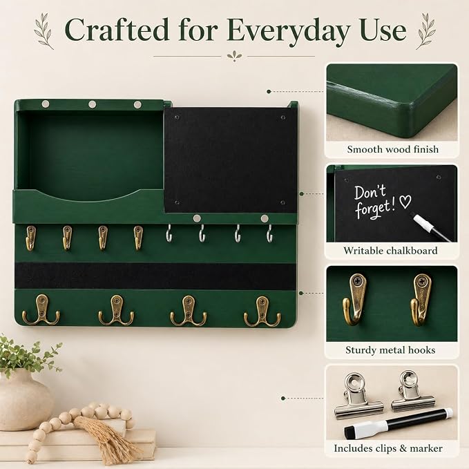 Key Holder for Wall Mount with Shelf and Mail Organizer, Key and Mail Holder with 16 Hooks, Farmhouse Entryway Organizer, Home Decor Rack (Pine Wood,Green) - Image 8