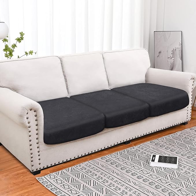 molasofa Leather Look Couch Cushion Covers, Stretch Sofa Cushion Covers for Sectional Armchair Loveseat Protector,Replacement Seat Cushion Slipcovers, Machine Washable(3 Cushion Sofa, Light Grey) - Image 3