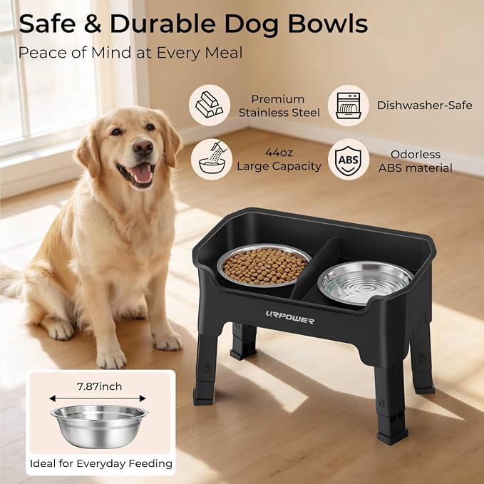 URPOWER Mess Proof Elevated Dog Bowls, Splash Guard Raised Bowl Stand | 4 Height Adjustable Raised Stand with 2 Stainless Steel Food Bowls & Licking Plate for Small, Medium & Large Dogs - Image 5