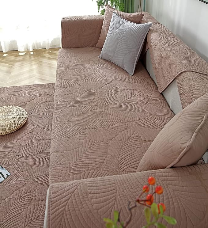 Solid Color Leaf Cotton Quilted Sofa Covers Anti-Slip Soft Sectional Couch Cover Washable Sofa Slipcover for Dogs Cats Pet (Coffee,28''x47'') - Image 5
