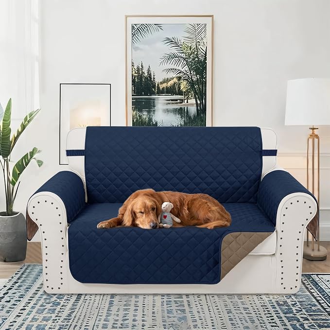 Reversible 45" Small Loveseat Sofa Covers, Navy/Camel | Loveseat Covers for Dogs Water Repellent, Friendly Furniture Protector with Elastic Straps for Living Room - Image 2