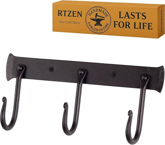 RTZEN Classic Farmhouse Wall Mount Multi-Use Wrought Iron Hook Set (3 Pack) | Decorative Rustic Metal Handcrafted Bathroom, Entreyway Home Decor Hooks Suitable for Coats, Towels, Robe or Hat Hanging by RTZEN