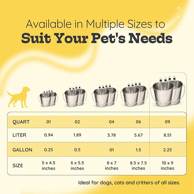 9 Quart Stainless Steel Flat Sided Bucket with Dual Hooks | 2 Pcs Food & Water Bowl for XL Dog Goat Cattle Horse & Livestock | Fits kennel Crate Cages Farm Hanging Pet Pail | Multipurpose - Image 8