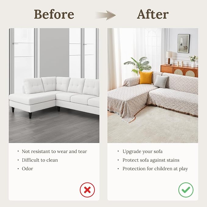 HOMERILLA 2 Piece Sectional Couch Cover for L Shape Sofa Khaki White XXL | Washable Fabric, Anti-Pet Hair, Stain & Wear Resistant, Multiuse Sofa Blanket Protector, Pet Friendly Easy Installation - Image 4