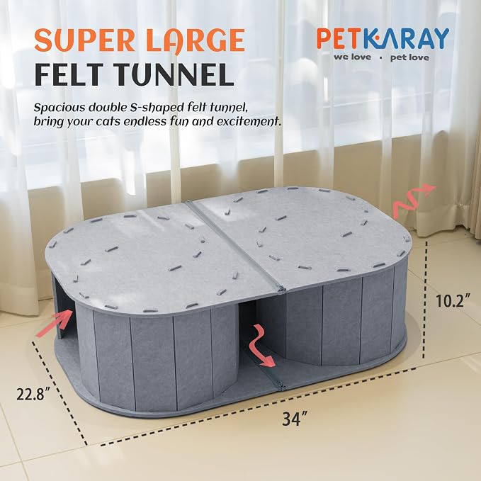 PETKARAY Large Felt Cat Tunnel, Double S-Shaped Hideaway for Indoor Cats, Interactive Cat Bed Cave and Hideout, 34x22.8x10.2 inches Grey - Image 2