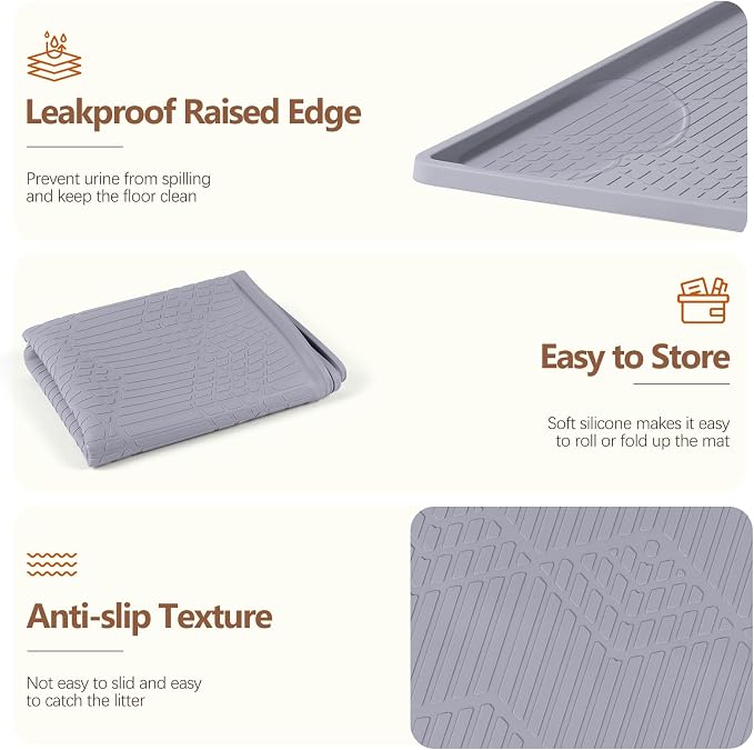 Silicone Cat Litter Box Mat 34'' x 22'' Cat Mat with Toy, Grey | Extra Large Litter Mat with lip, Non-Slip Waterproof Cat Litter Mat Litter Trapping Mat for Floor, Easy to Clean - Image 6