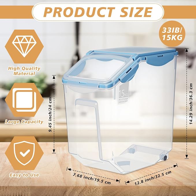 Umigy 4 Pack Rice Storage Container With Wheels Plastic Airtight Lid Flour Container Bin for Dog Pet Cereal Grain Dry Food, 15 Liter / 30 lbs (Blue) - Image 2