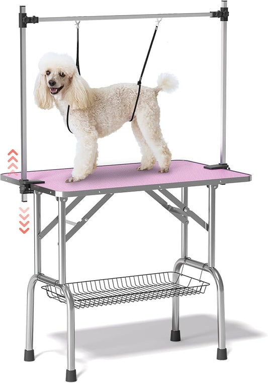 Lyromix 42'' Stainless Steel Pet Dog Grooming Table, Arm/Noose/Tray, Pink | Foldable Dog Grooming Table for Dogs at Home, Adjustable Height Arm, Non-Slip Waterproof Tabletop, Capacity 330Lb by Lyromix