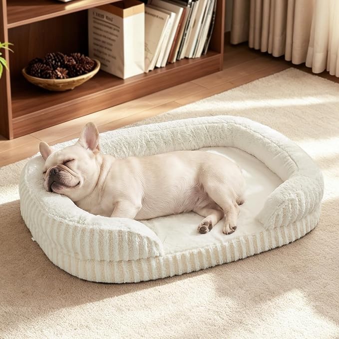 MIXJOY Orthopedic Dog Beds Medium Sized Dog,Medium Waterproof Oval Dog Bed with Removable Washable Cover,Egg-Crate Foam Big Pet Bed Couch Sofa with Bolster Sides,Non-Slip Bottom,M 28"X23",White by MIXJOY