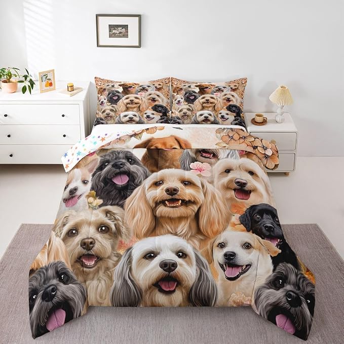 Dog Comforter Set Cute Pug Dog Kids Bedding Set for Boys Girls Teens Pet Comforter Flowers Branch Animal Decor Quilt Room 3Pcs Full Size - Image 4