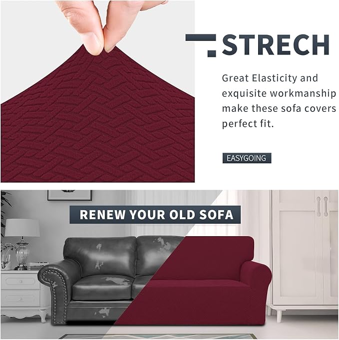 Easy-Going Stretch Jacquard Couch Cover, 1-Piece Soft Sofa Cover, Sofa Slipcover with Anti-Slip Foams, Washable Furniture Protector for Kids, Pets (Sofa, Burgundy) - Image 3