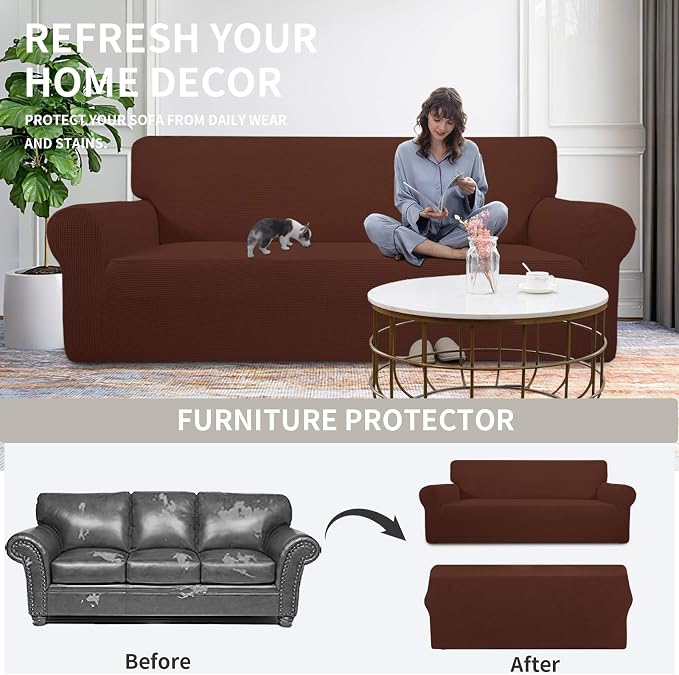 Easy-Going Stretch Loveseat Couch Covers Washable Coffee | 1-Piece Loveseat Covers for 2 Cushion Couch Furniture Protector RV Sofa Slipcover Soft with Bottom for Kids Pets - Image 4